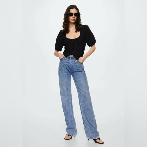 NWT MNG Mango Black Textured Puff Sleeve Top sz Xs - Picture 9 of 13